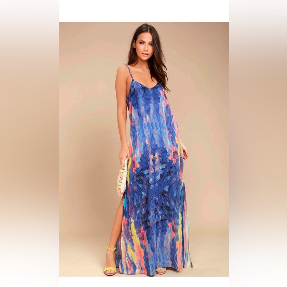 Lulus Flying Watercolors Royal Blue Print Maxi Dress